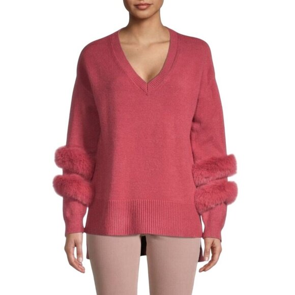 Saks Fifth Avenue Dusty Pink Faux Fur Trim V Neck Sweater Super Soft Size M - Picture 1 of 7